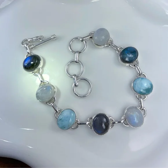Multi Gemstone Bracelet Larimar Blue Labradorite Rainbow Moonstone Handmade 925 - Picture 3 of 9